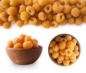 Yellow raspberries on white. Set of yellow raspberries from different angles. Top view. Yellow raspberry with copy space. Immunity system improvement. Antiviral treatment. Coronavirus prevention.