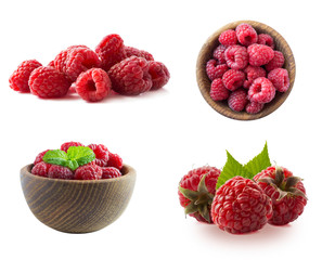 Raspberries isolated on white background. Raspberry with copy space for text. Raspberries isolation. Set of raspberries from different angles on white. Antiviral treatment. Coronavirus prevention.