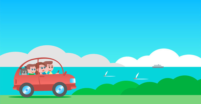 Happy family with a boy and a dog ride in the car on the nature. In the background a sea summer landscape with yachts. Vector cartoon illustration.