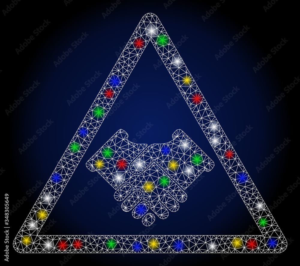 Poster glossy mesh handshake warning with glow effect. abstract illuminated vector model of handshake warni