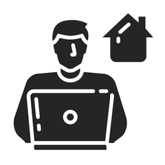 Freelancer man works on laptop black glyph icon. Remote work. Quarantine period. Coronavirus prevention. Pictogram for web page, mobile app, promo
