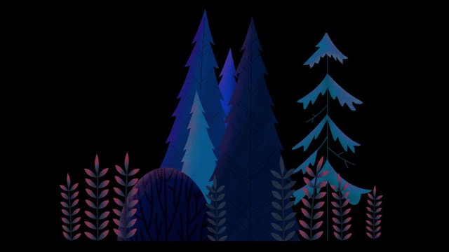 Seamless loop. Group of evergreen trees, grass and bushes swinging in wind. Blue misty night. Animated vector illustration with brushes and texture isolated on black background with alpha luma matte.