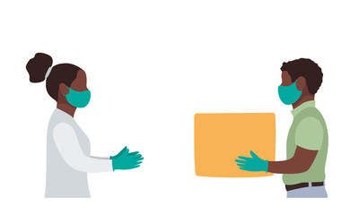 Black man delivery courier in a medical mask and gloves gives a woman a box, side view. Service coronavirus. Online shopping