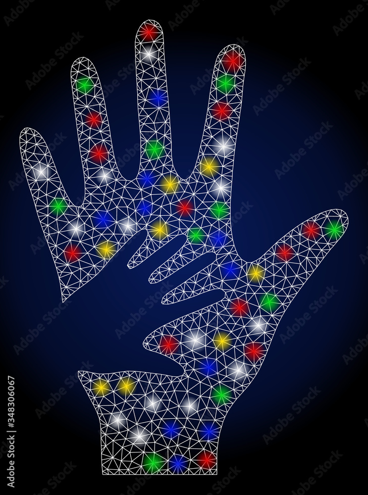 Poster glowing mesh help hand with sparkle effect. abstract illuminated vector model of help hand icon on a