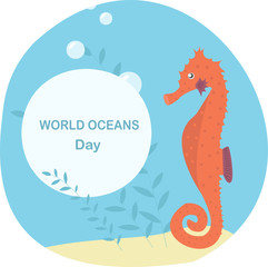World oceans day. Sea horse and seaweed, underwater 