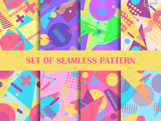 Set of seamless patterns with geometric shapes in the style of Memphis 80s.  Eighties print colorful background for promotional products, wrapping paper and printing. Vector illustration