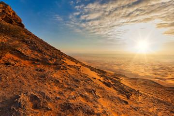 Amazing Sunrise at Al faya Mountain, Beautiful dawn in Dubai, Beautiful view from the mountain.