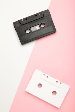 Old cassettes on a colorful background. Music day