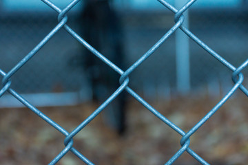 close up of a chainlink fence with a blurred bicycle in the background