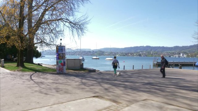 hyperlapase zurich sunny day lake, boats, green grass and streets