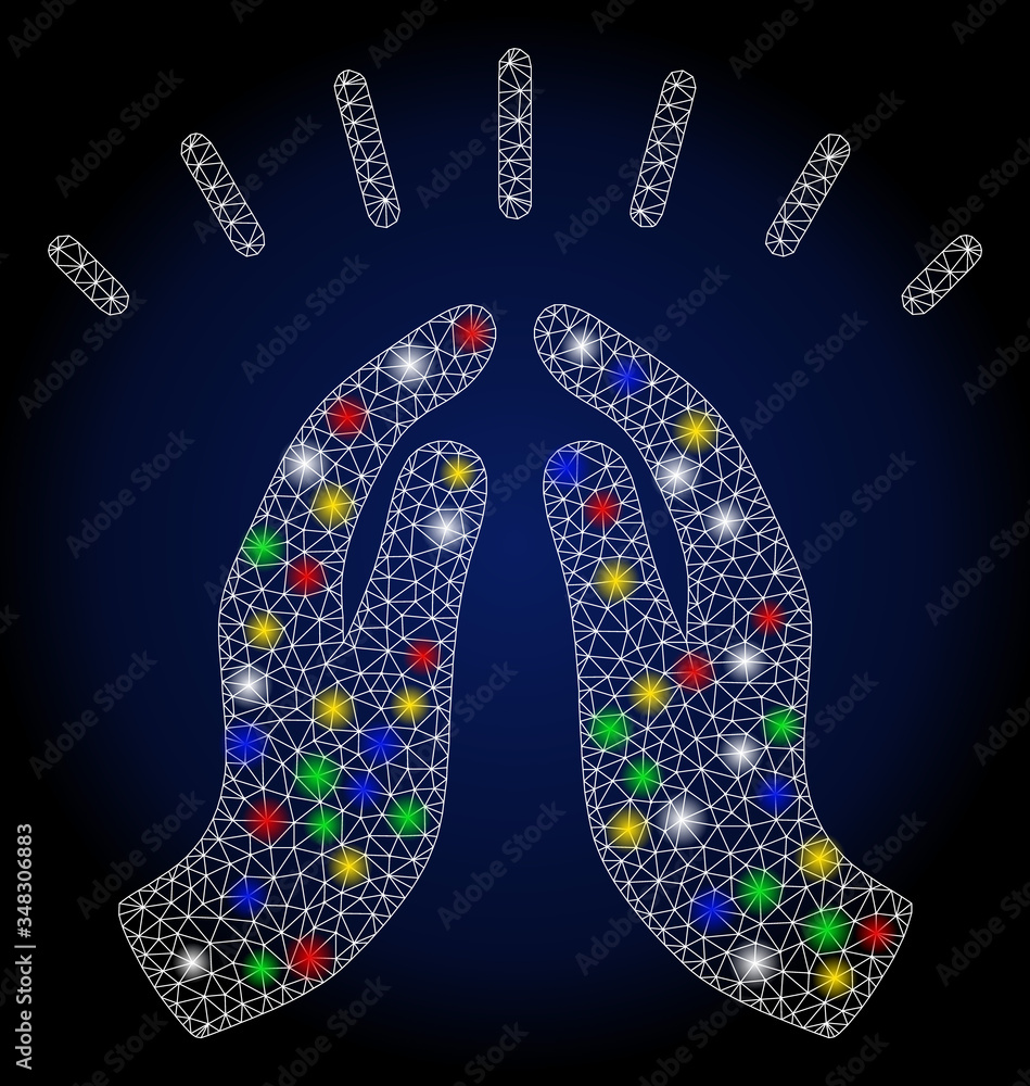 Poster glossy mesh hope hands with glow effect. abstract illuminated vector model of hope hands icon on a d