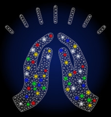 Glossy mesh hope hands with glow effect. Abstract illuminated vector model of hope hands icon on a dark blue gradiented background. White wire carcass triangular network hope hands.