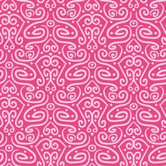 Pink damask seamless vector linear pattern. Decorative classic surface print design in vibrant colors. For fabrics, stationery, and packaging.