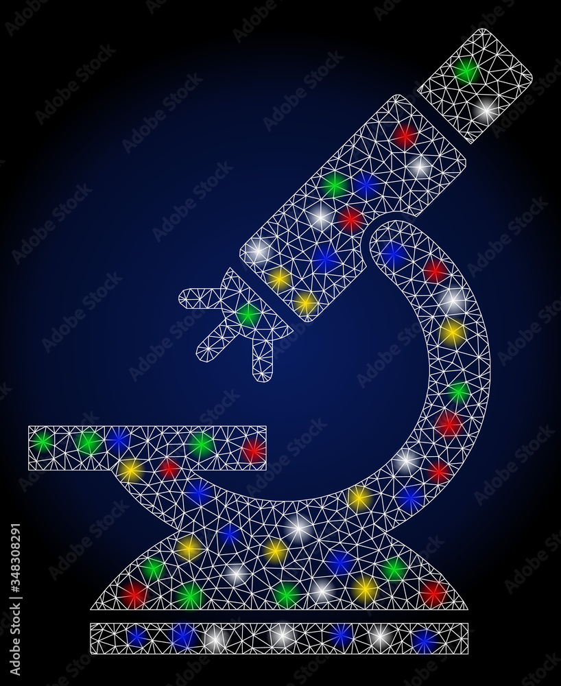 Poster flare mesh labs microscope with glitter effect. abstract illuminated vector model of labs microscope