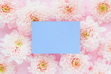 light pink chrysanthemum flowers and lilac sticker. Space for copy..