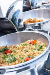 Live food stations. Kitchenware in the line catering summer brunch buffet. Corporate cocktail event