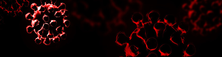 Coronavirus SARS-CoV-2. Covid-19 banner background. Virology and panspermia concept. 3D render illustration.