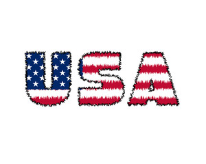 3D USA text with American flag inside the text. Vector illustration on white background. USA flag in text. American flag in letters. National emblem. Patriotic illustration.