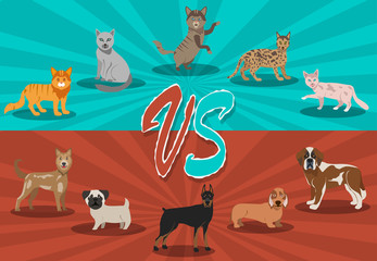 Dogs vs cats concept. Background with cute pets. Fight backgrounds comics style design