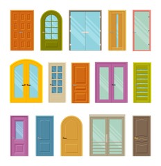 Set of colored front closed doors to houses and buildings. Design with and without glass