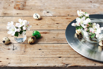 Apple tree flowers, quail eggs on a wooden rustic background.