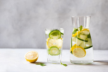 Detox drink, lemonade. Refreshing summer drink with lemon, ginger, fresh cucumber and mint. The concept of healthy and dietary nutrition.