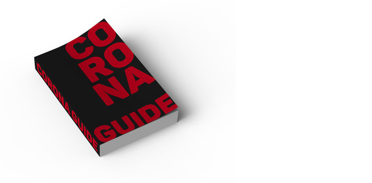 3D rendered black book with red letters text on front cover saying CORONA GUIDE on white isolated background