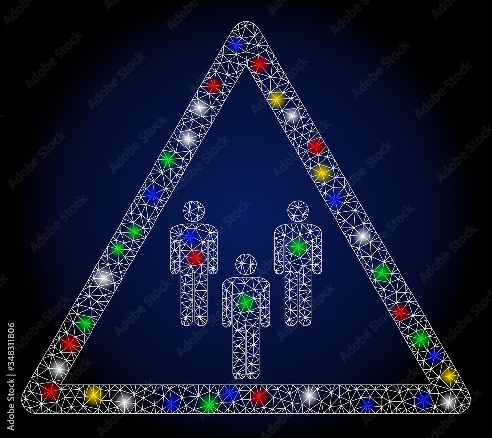 Poster flare mesh man group warning with glare effect. abstract illuminated vector model of man group warni