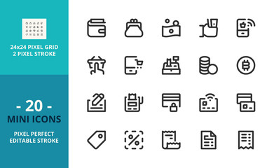 Mini line icons about shopping payment methods. Pixel perfect and editable stroke