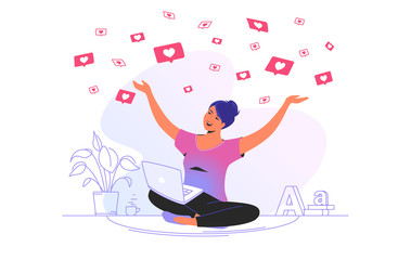 Social media likes and hearts falling on smiling woman. Gradient vector concept illustration of happy girl sitting at home and getting hands up as winner and flying speech bubbles on social media