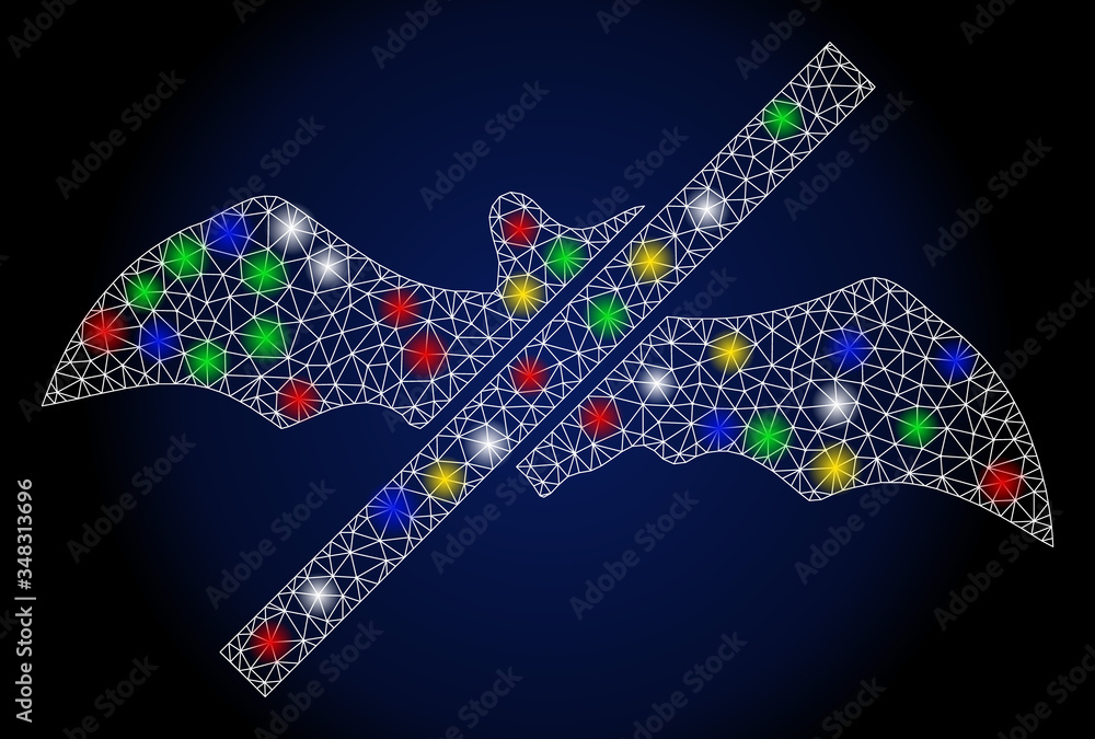 Poster bright mesh no bats with sparkle effect. abstract illuminated vector model of no bats icon on a dark