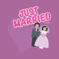 Wedding concept. Paper bride and groom. Congratulatory card just married. Retro flat cartoon style. Illustration for t shirts