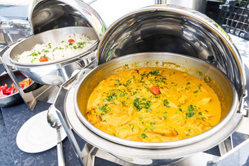 Live food stations. Kitchenware in the line catering summer brunch buffet. Corporate cocktail event