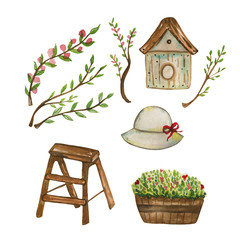 Watercolor illustration of a set of garden items hat, birdhouse, stepladder, flower pot, tree branches. Hand-drawn with watercolors and is suitable for all types of design and printing.