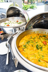 Live food stations. Kitchenware in the line catering summer brunch buffet. Corporate cocktail event