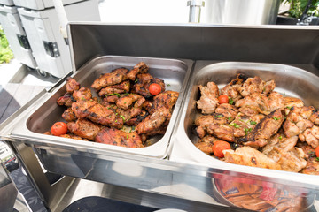 Live food stations. Kitchenware in the line catering summer brunch buffet. Corporate cocktail event