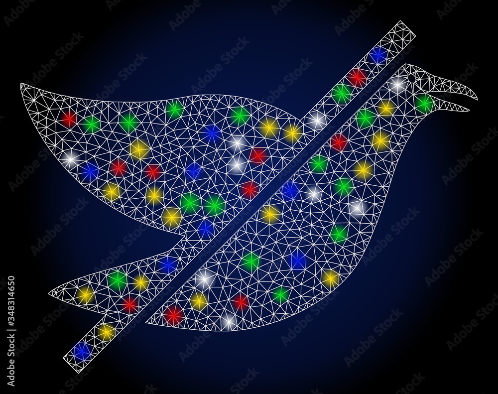 Poster glossy mesh no bird with lightspot effect. abstract illuminated vector model of no bird icon on a da
