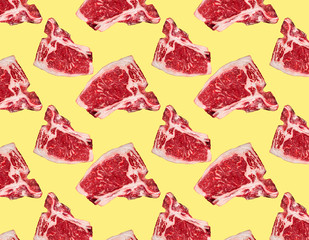 Beef steaks and t-bone meat cuts seamless on colorful yellow background. Pattern background.
