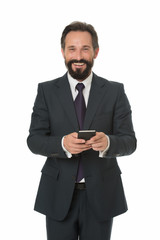 SMS marketing. Happy boss text sms isolated on white. Texting SMS message via smartphone. Sms messaging. Short message service. New technology. Business communication. Modern life