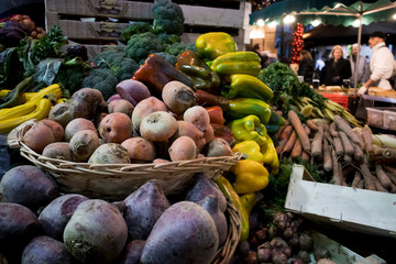 Turnips, beets, broccoli, carrots, potatoes on the shelves at Borough Market