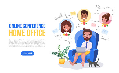 Video conference landing page. Man sitting at home with laptop having video call meeting with colleagues or clients at home. Video conferencing and online meeting workspace. Vector flat illustration