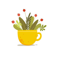 Plant bouquet with red berry in ceramic cup concept background. Cartoon illustration of plant bouquet with red berry in ceramic cup vector concept background for web design