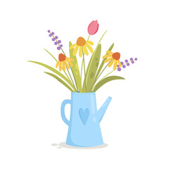 Watering can vase with flowers concept background. Cartoon illustration of watering can vase with flowers vector concept background for web design