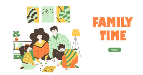 Family time isolation, flat vector landing page template. Board games cartoon illustration.