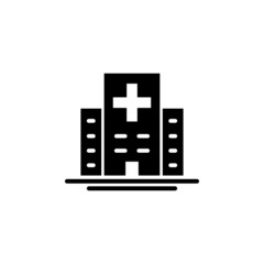 Hospital building icon in black flat design on white background, linear style sign for mobile concept and web design, Clinic with medical cross simple line vector icon, Symbol, logo illustration