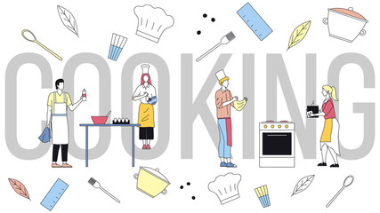 Concept Of Cooking. Group Of People Cook Meal. Professional Chefs In Uniform Kneading Dough For Pizza, Scrambling Eggs, Prepare Ingredients For Dish. Cartoon Linear Outline Flat Vector Illustration