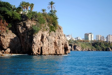 Braun rock with palms, blue water