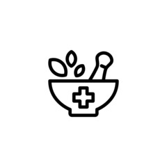 Mortar and pestle icon in line art style on white background, linear style sign for mobile concept and web design, Pharmaceutical medicine outline vector icon, Symbol, logo illustration