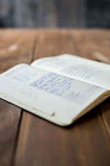 open recipe journal with notes on a wooden table 