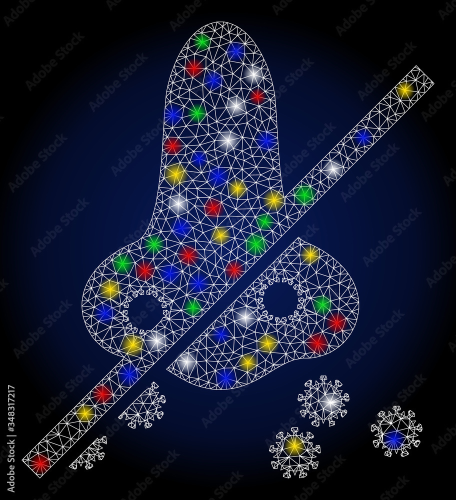 Poster bright mesh no nasal virus spread with glare effect. abstract illuminated vector model of no nasal v